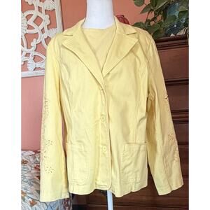 Susan Graver Butter Yellow Blazer/ Shirt Sz L Eyelet Embroidery Classic Career